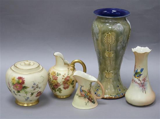 A Doulton Lambeth vase and four items of Locke and Co, Royal Worcester etc blush ivory tallest 22cm